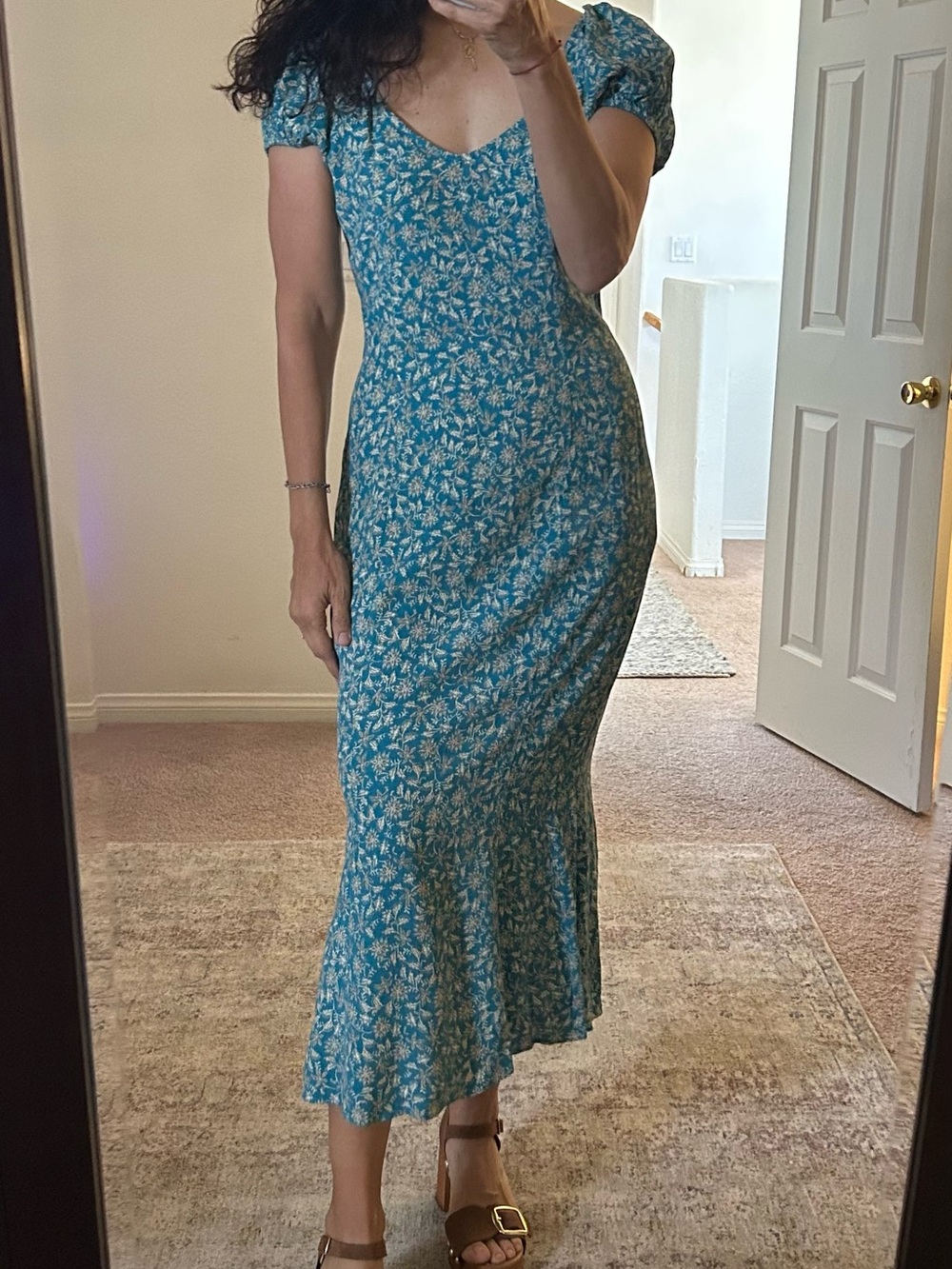 Madewell Teal Blue Floral Puff-Sleeve Midi Dress- worn once.